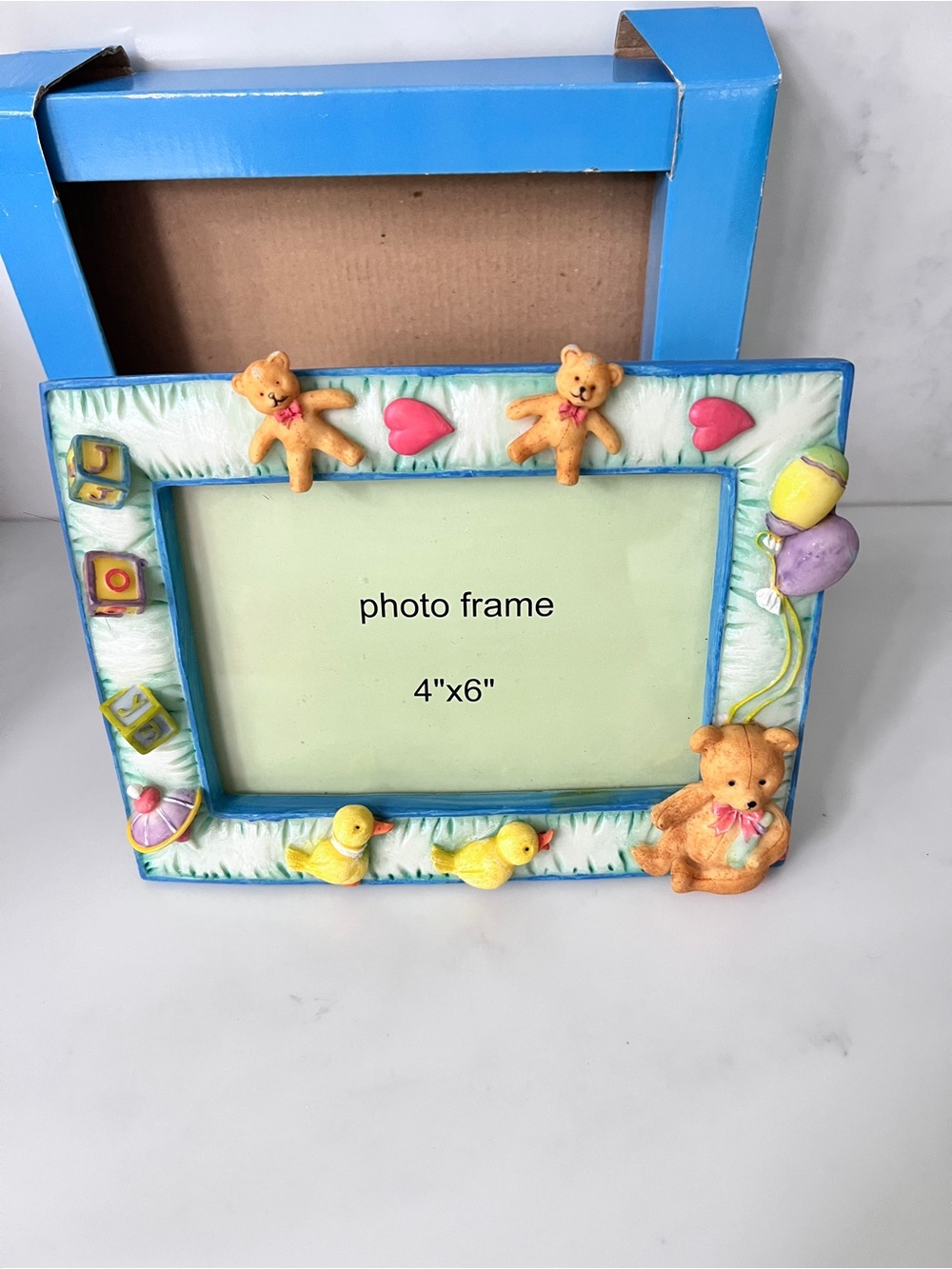 Vintage 3D resin nursery photo frame JOY teddy bears and ducks 4" x 6" 1990s New